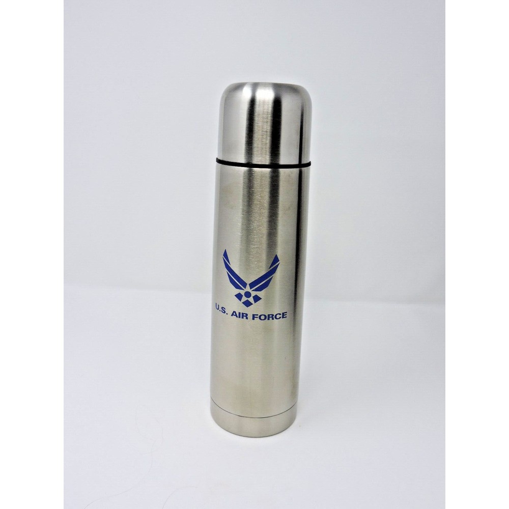 Air Force Logo 10in H Stainless Steel Thermos + Black Zippered Case W Strap